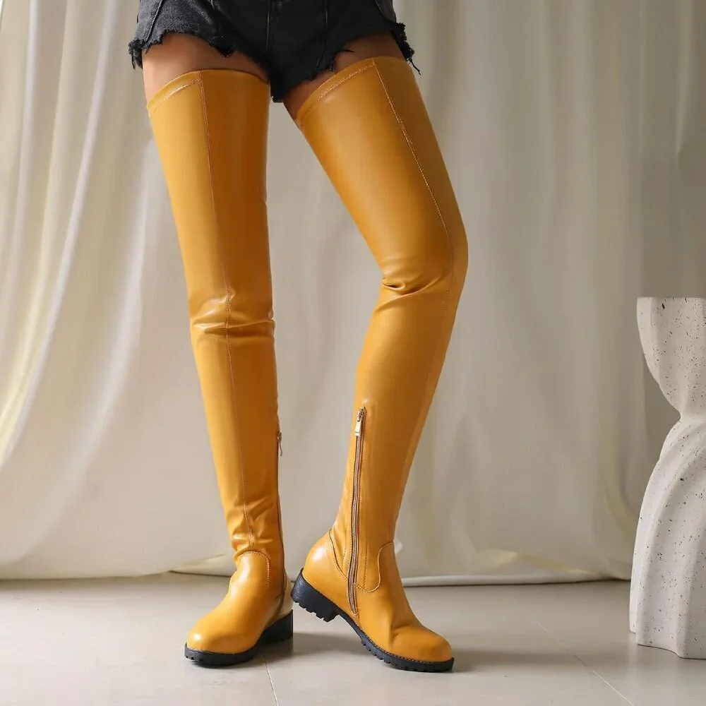 Women's Yellow Polyurethane Thigh High Over The Knee Rounded Toe Fashion Boots